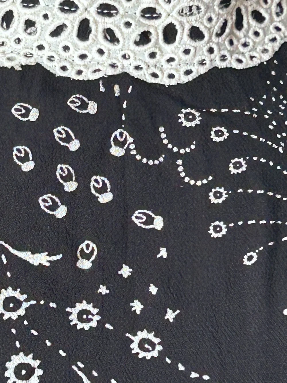 Free People Black Floral Button-Up Blouse with Cream Crochet Trim